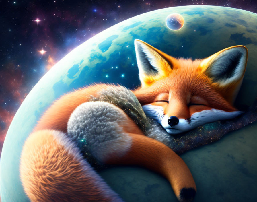 Sleeping red fox on planet with starry space background