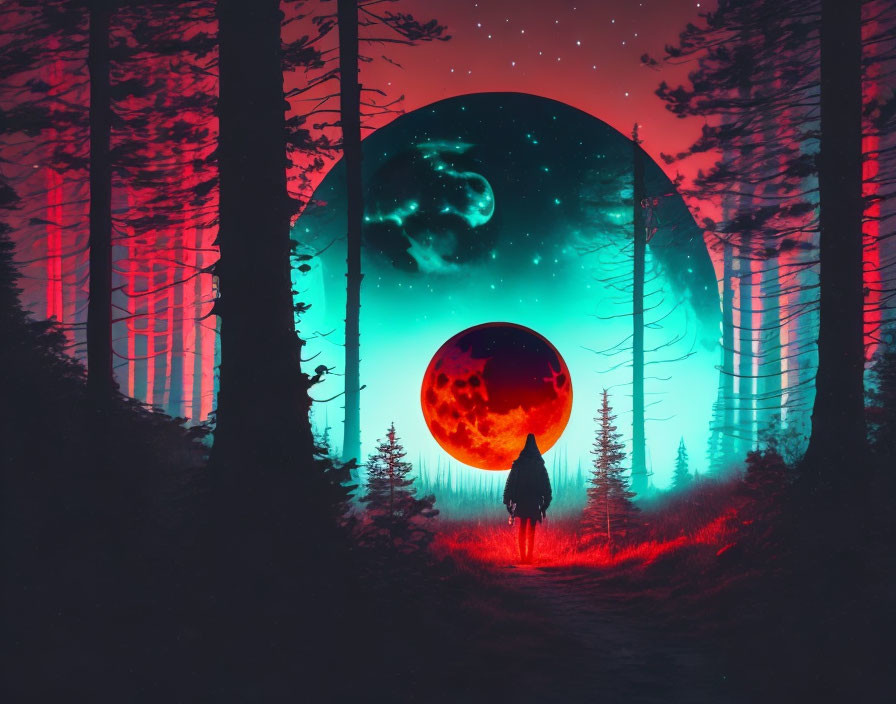 Person in forest gazes at large reddish moon in starry sky with teal and pink nebula