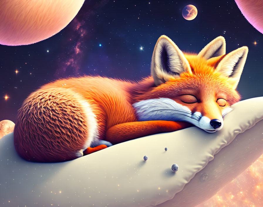 Sleeping fox on crescent moon in galaxy with stars and planets