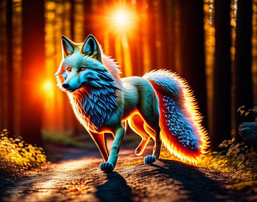 Colorful wolf with fiery wings in golden sunset forest.