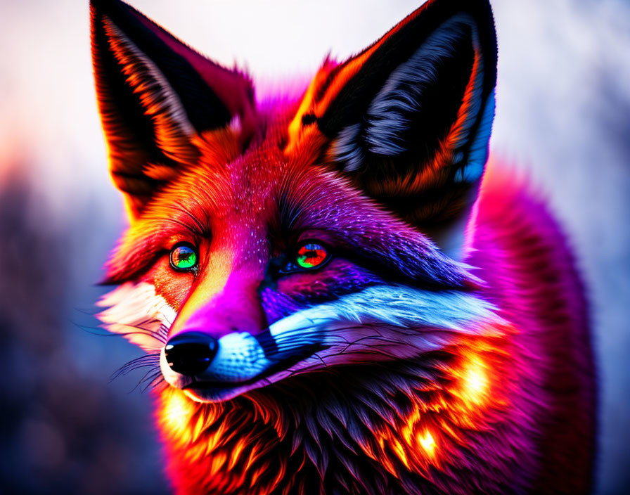 Colorful Close-Up: Fox with Red-Orange Fur and Green Eyes