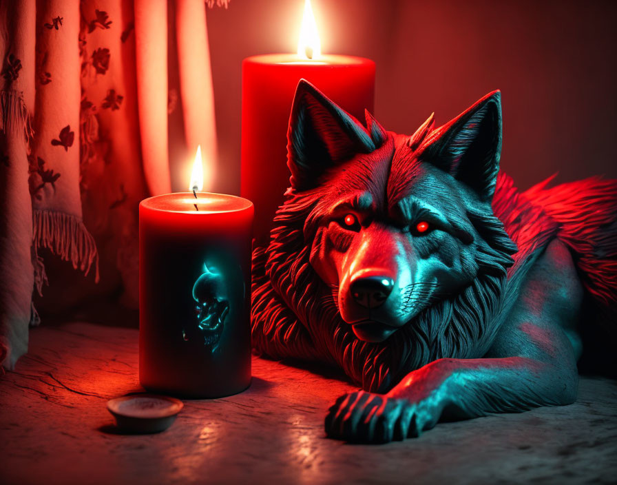 Realistic wolf model with red eyes beside skull candle in red-tinted image