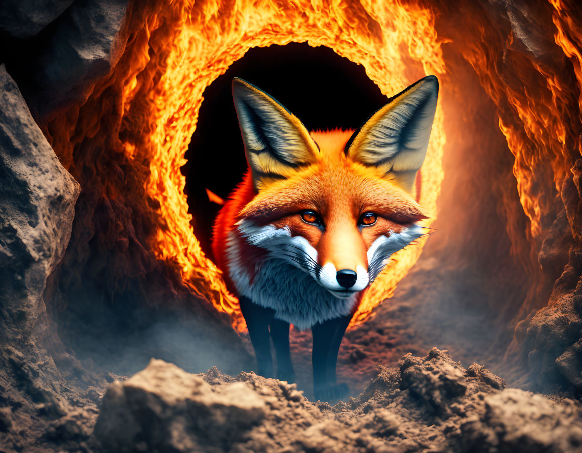 Detailed Illustration of Red Fox in Burrow with Glowing Orange Background