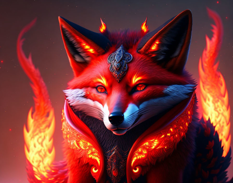 Fiery fox with glowing eyes and ornate headpiece in flames on warm backdrop