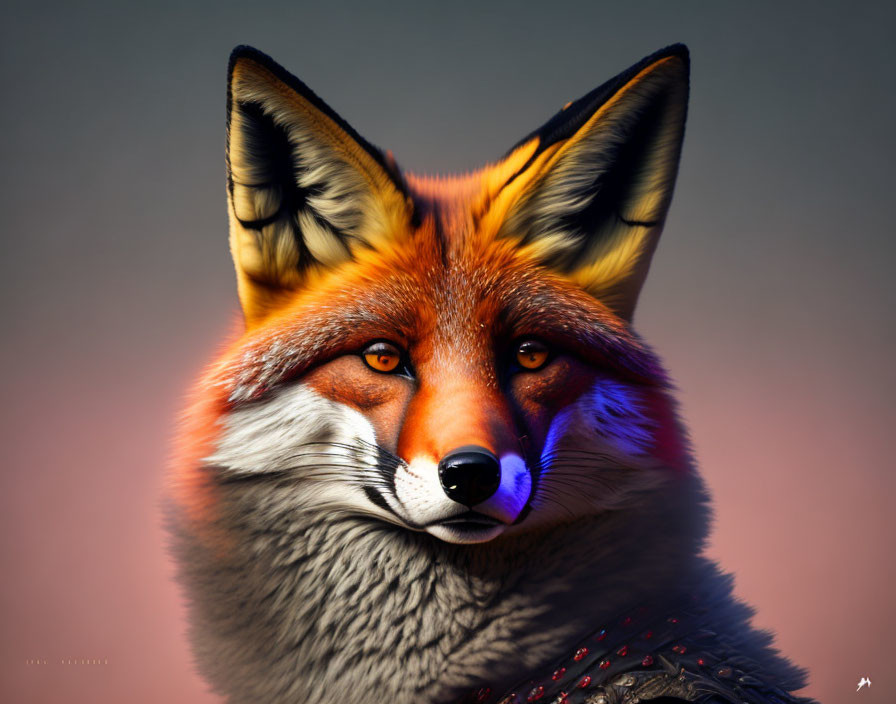 Detailed digital artwork: Anthropomorphic fox with orange fur, blue eyes, and studded collar