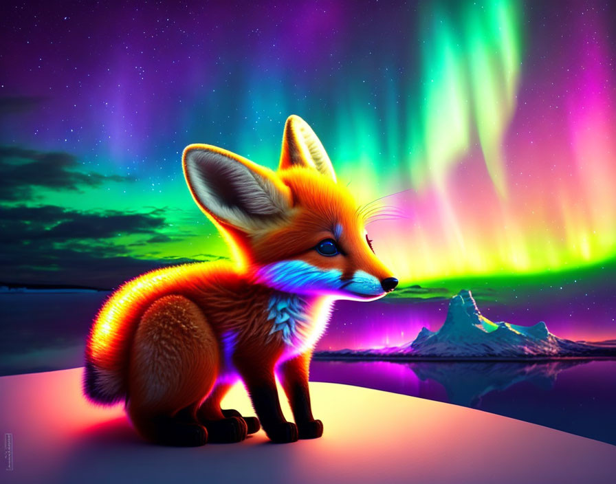 Colorful Fox Illustration Beneath Aurora Borealis