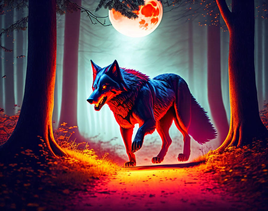 Blue wolf under full moon in mystical red-lit forest