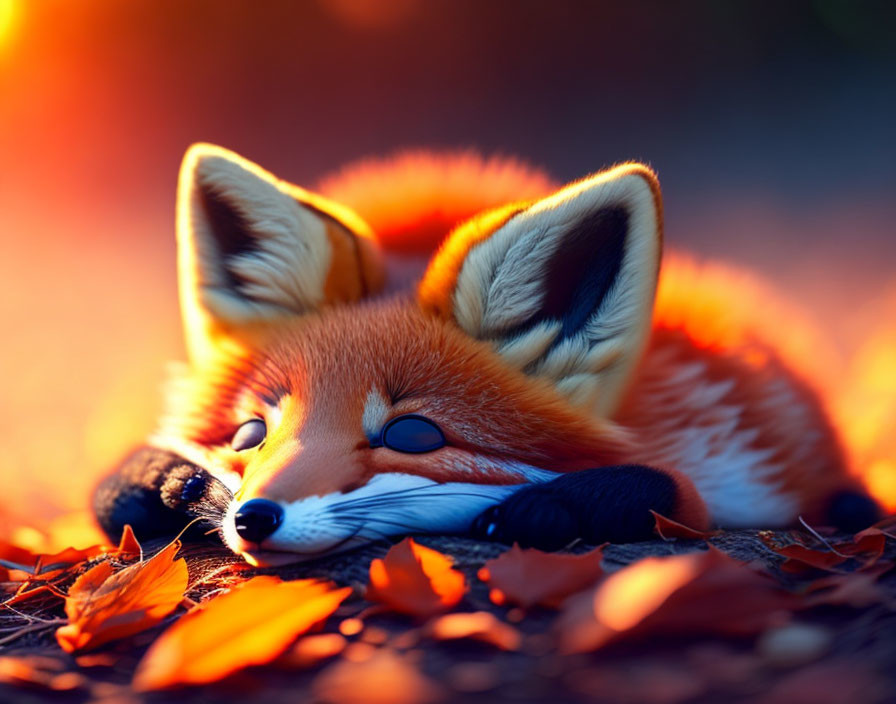 Red fox resting in autumn leaves at sunset