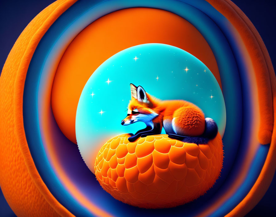 Colorful Fox on Textured Sphere with Rings and Stars