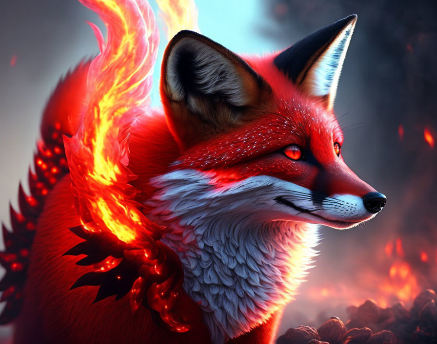 Vivid illustration of red fox with fiery tail and glowing back on smoldering coals