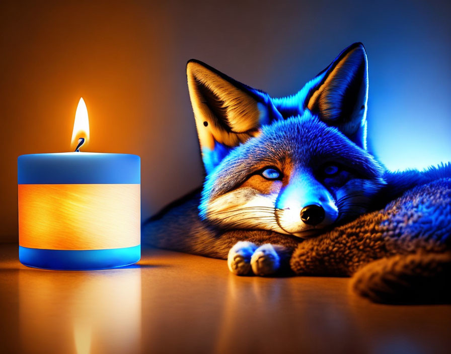 Tranquil fox and blue candle in warm light