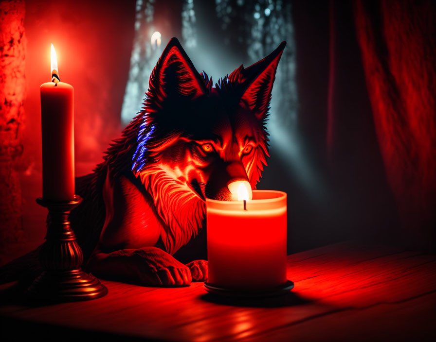 Mystical wolf with striking features by candlelight