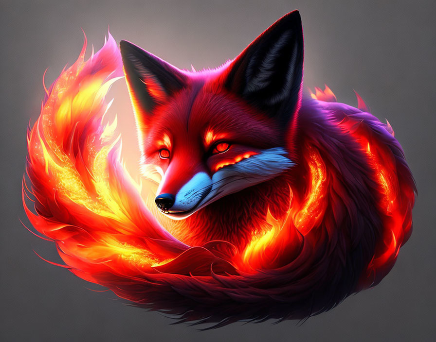 Vibrant digital artwork: Red fox in fiery aura on dark backdrop