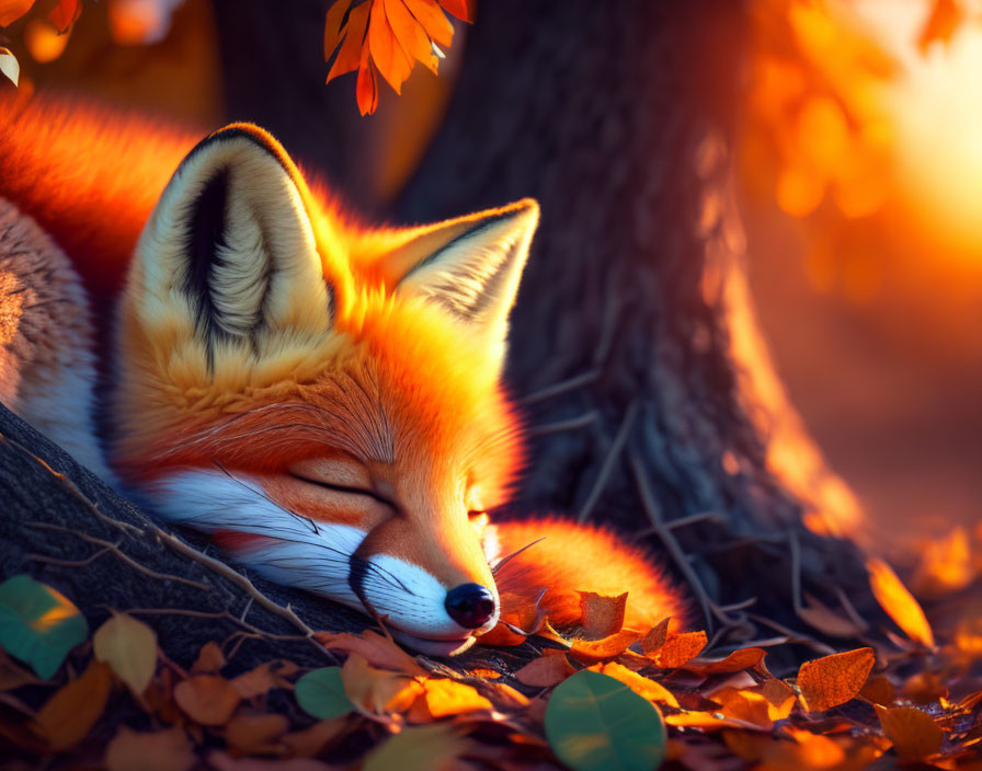 Sleeping Fox Rests Among Autumn Leaves at Sunset