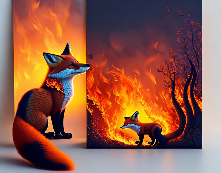 Stylized foxes in vivid orange and blue hues amid fiery backdrop