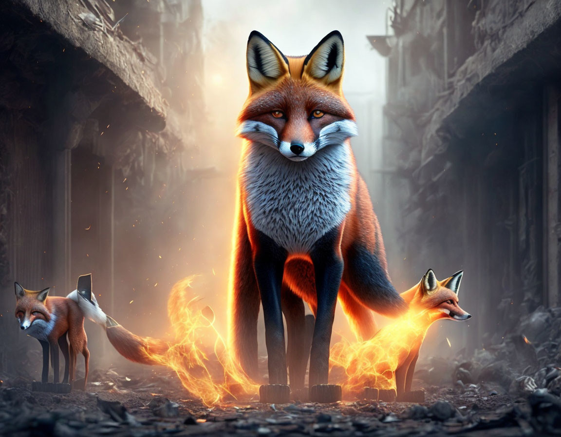 Stylized foxes in fiery outlines in post-apocalyptic urban landscape