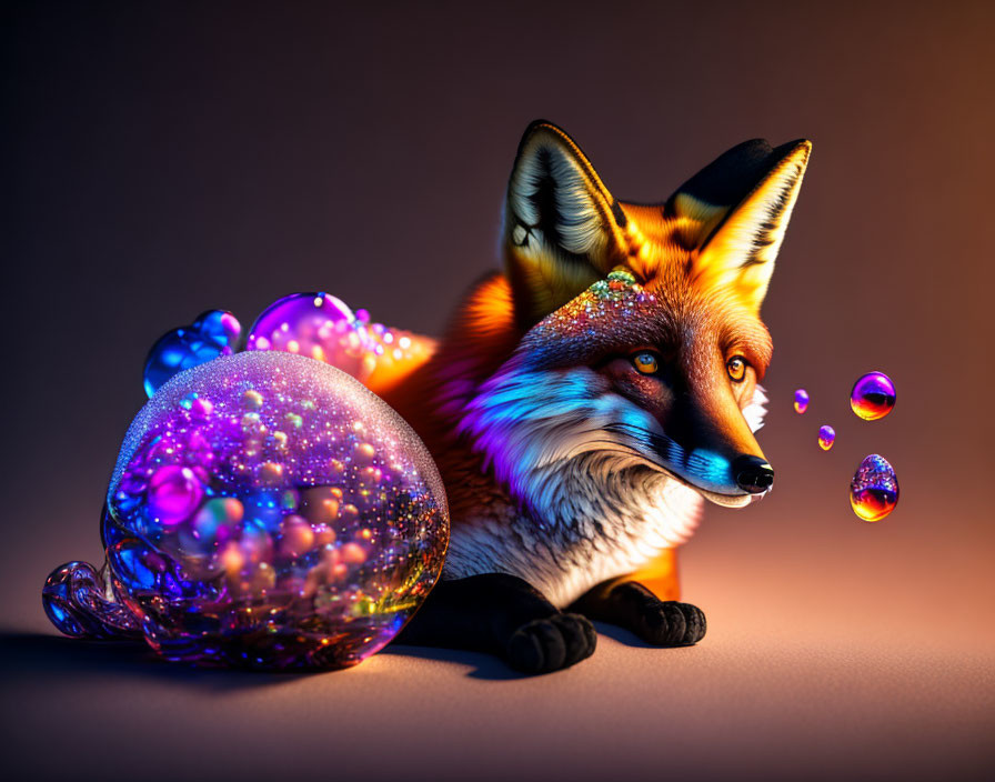 Colorful Fox Illustration with Glittering Fur and Bubbles on Gradient Background