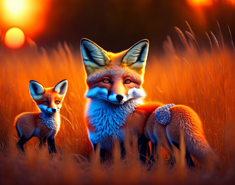 Foxes in field at sunset: close-up with vivid eyes, another further back in warm orange glow