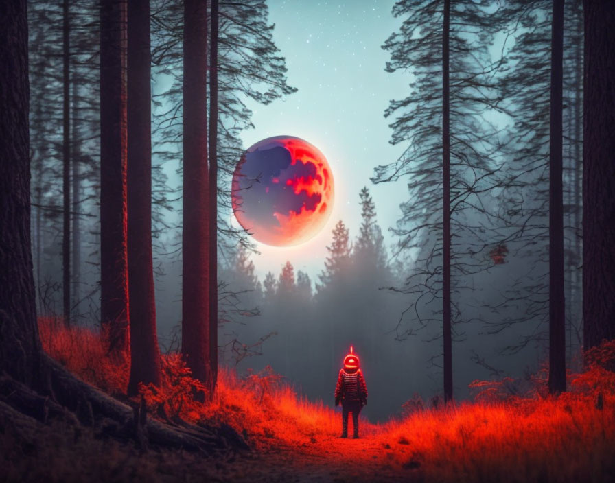 Person in spacesuit gazes at surreal red planet in forest at night