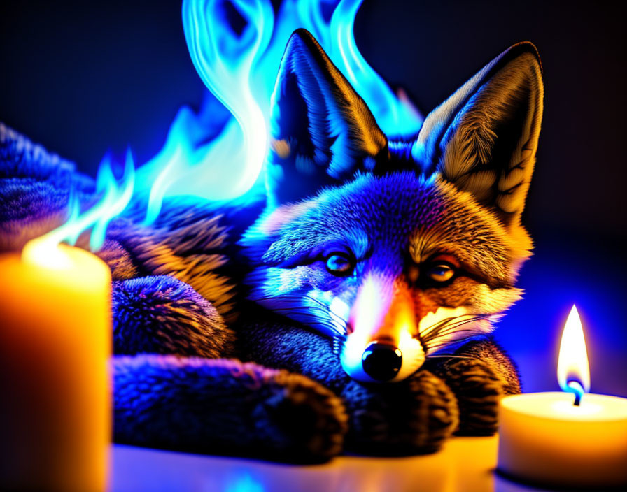 Vivid Fox with Glowing Eyes Surrounded by Blue Flames and Candle