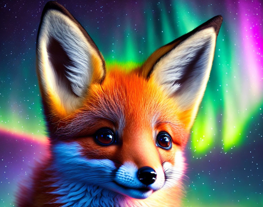 Colorful Fox Illustration with Expressive Eyes on Aurora Background