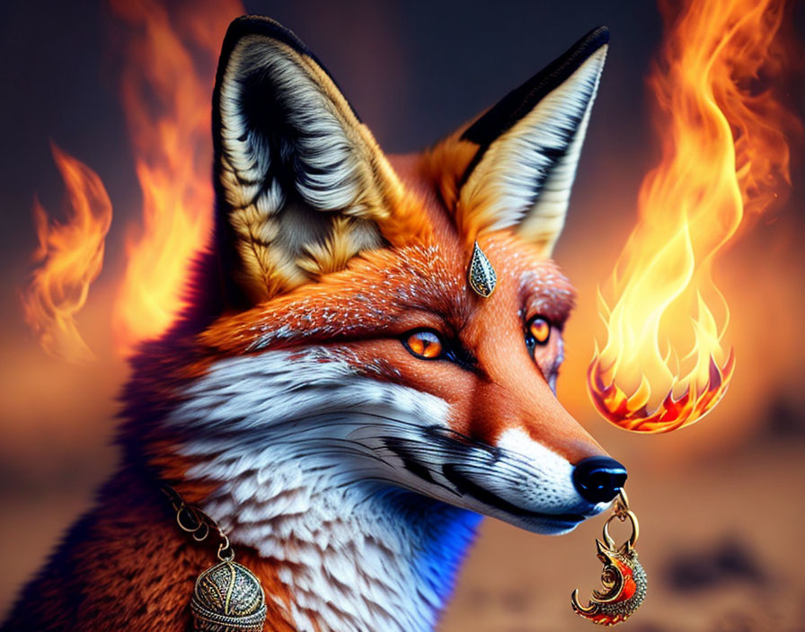 Digital artwork: Fox with intense eyes, mystical pendants, flames backdrop, holding fire