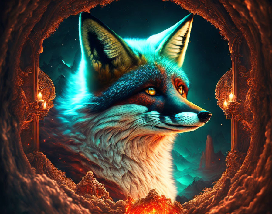 Vividly Colored Fox in Cosmic Fantasy Scene