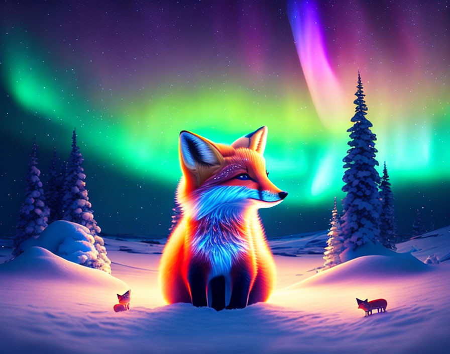 Colorful Foxes under Northern Lights in Snowy Forest