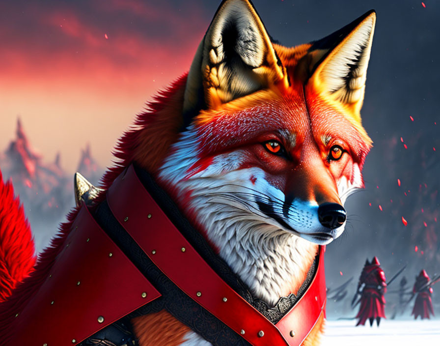 Red Fox Portrait in Armor Amidst Red Sky