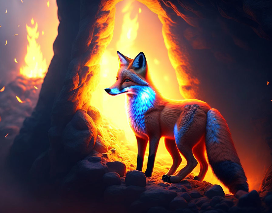 Colorful Fox in Fiery Landscape with Blue Glowing Fur