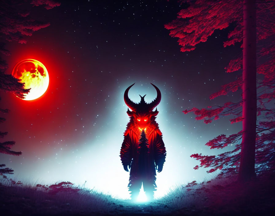 Mystical creature with horns in dark, red-tinged landscape