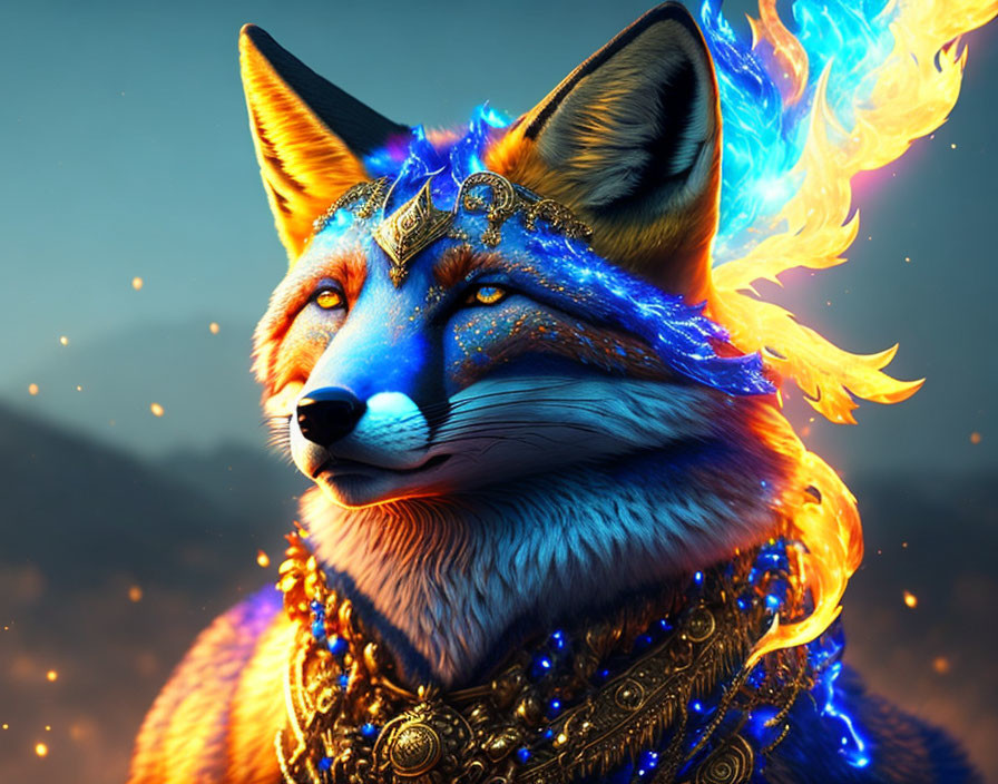 Mystical fox with vibrant blue fur and golden jewelry