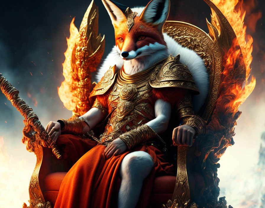 Anthropomorphic fox in golden armor on flaming throne with staff