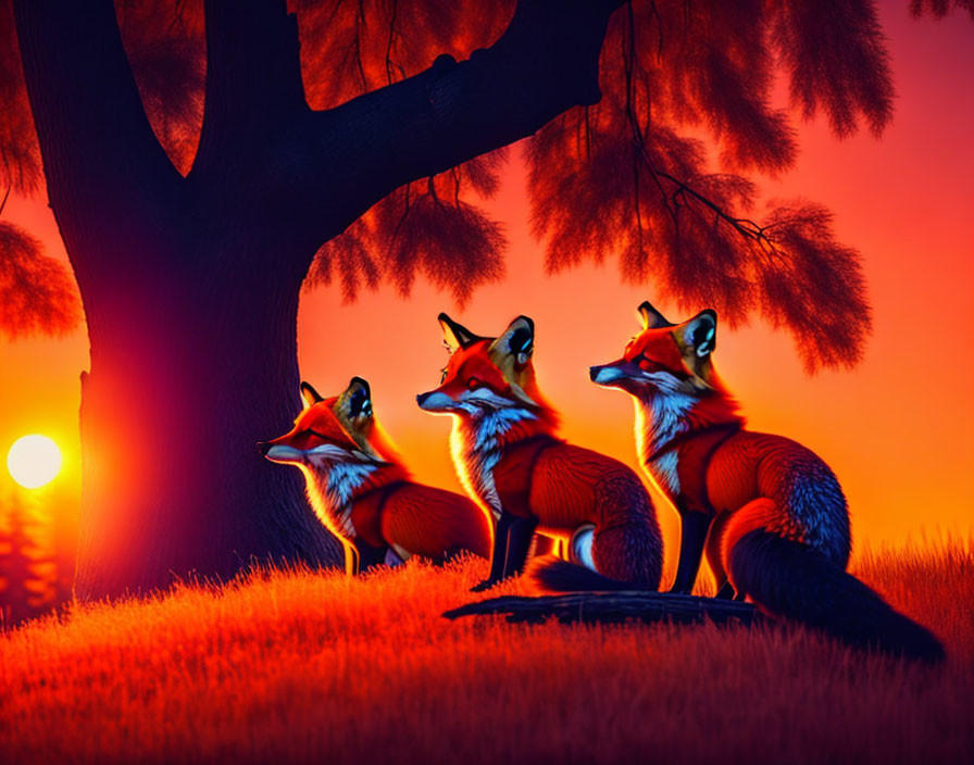 Three red foxes in vibrant orange field at sunset