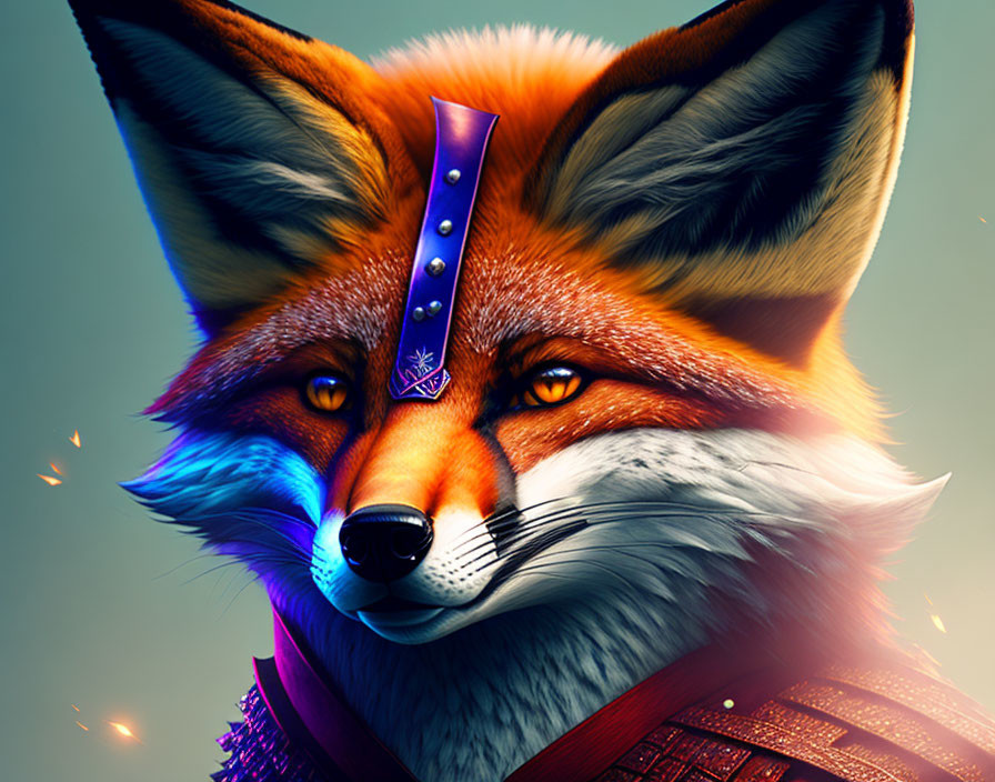 Vibrant close-up digital artwork of stylized fox with purple bandana & decorative knife