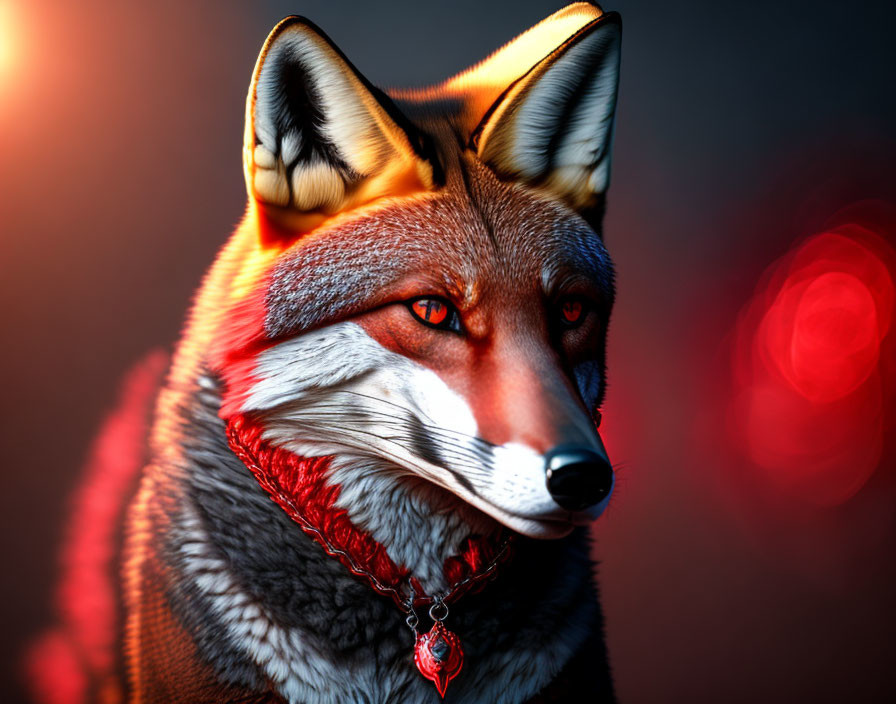 Stylized digital art fox with red scarf and pendant on blurred red background