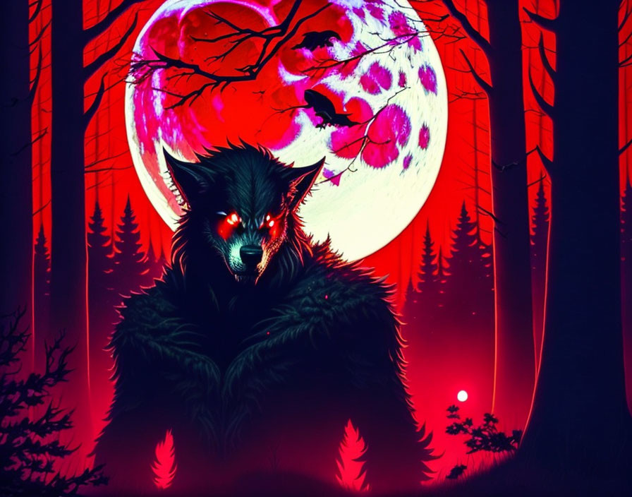 Menacing werewolf with glowing red eyes in foreboding forest under purple full moon