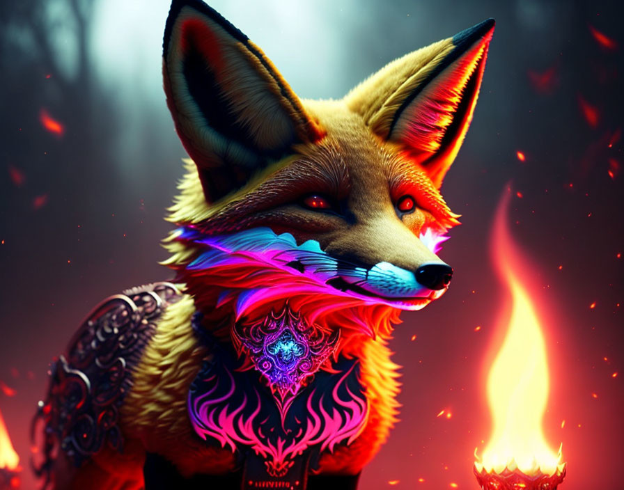 Colorful Red Fox Surrounded by Flames and Glowing Particles