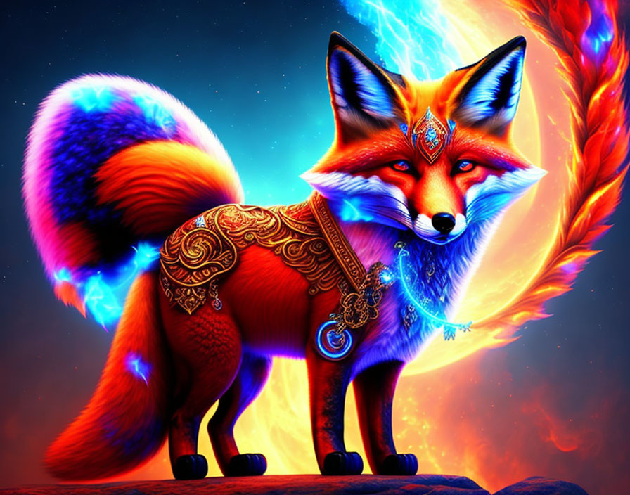 Colorful mystical fox illustration with glowing necklace and fiery tail.