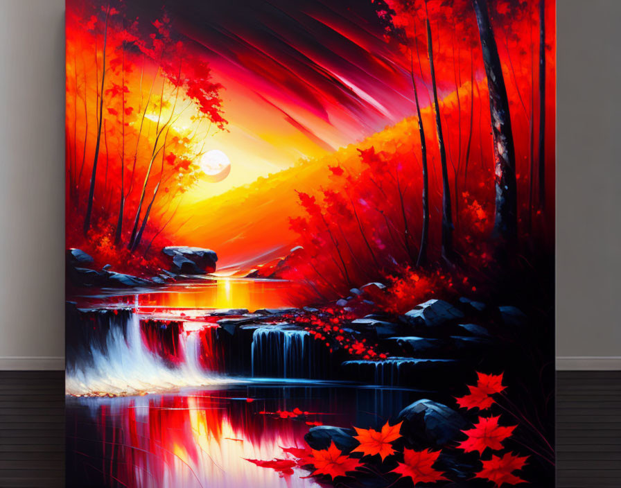 Colorful forest painting with red foliage, waterfall, and sunset/sunrise reflection in interior setting