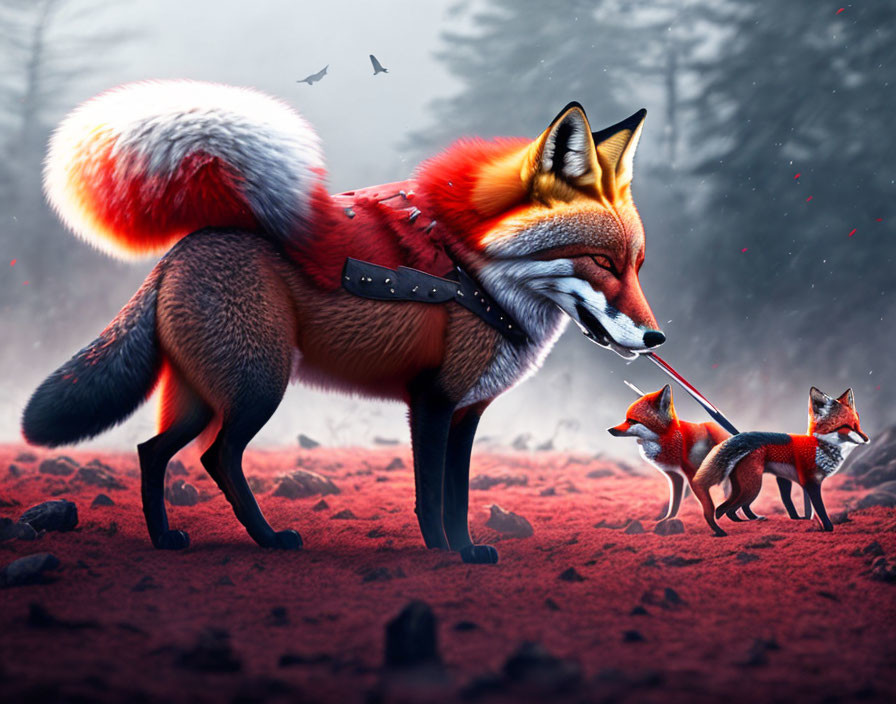 Vividly colored digital artwork: Adult fox with two kits on leashes in misty forest