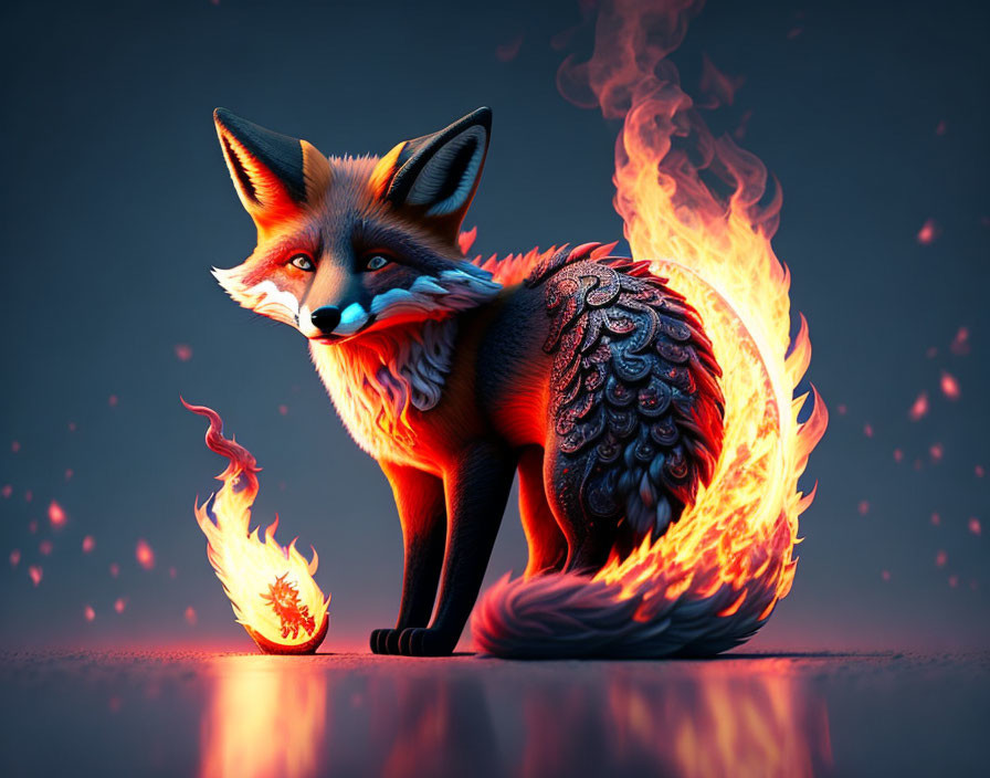 Vibrant red and blue fox art with intricate patterns and fiery elements