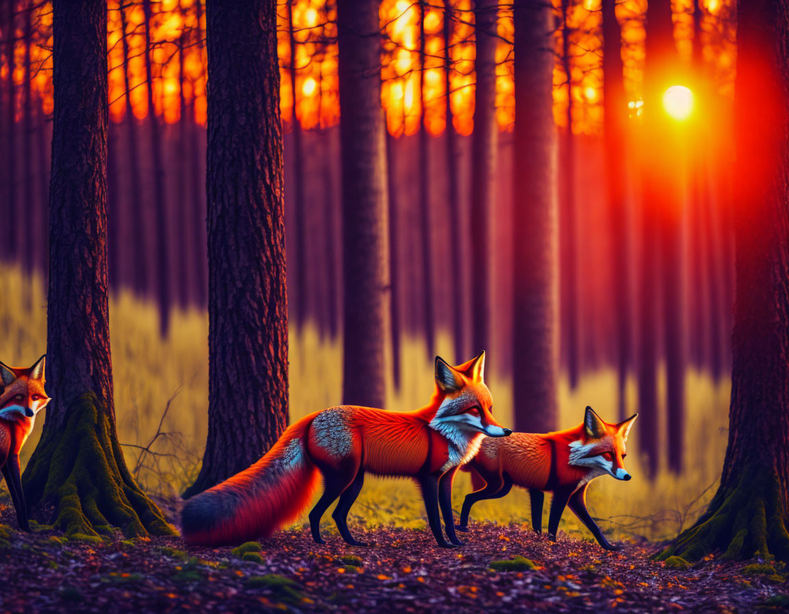 Sunset forest scene with three foxes and sunbeams