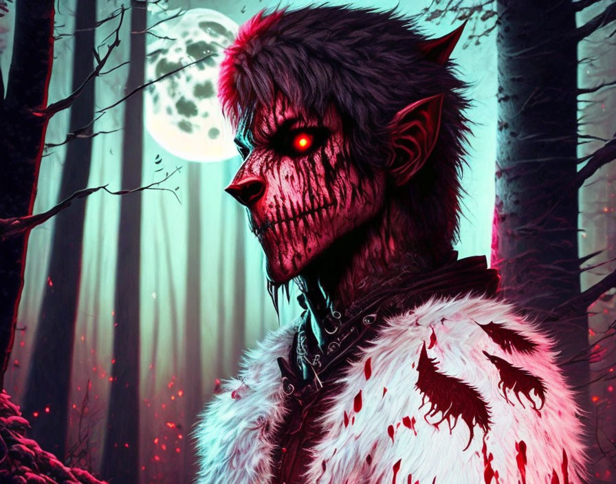 Sinister werewolf in moonlit forest with glowing red eyes