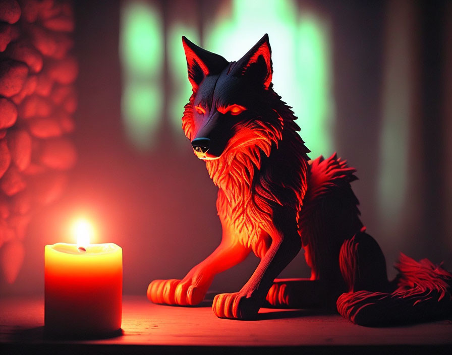 Stylized wolf figurine illuminated by candlelight and green backlighting