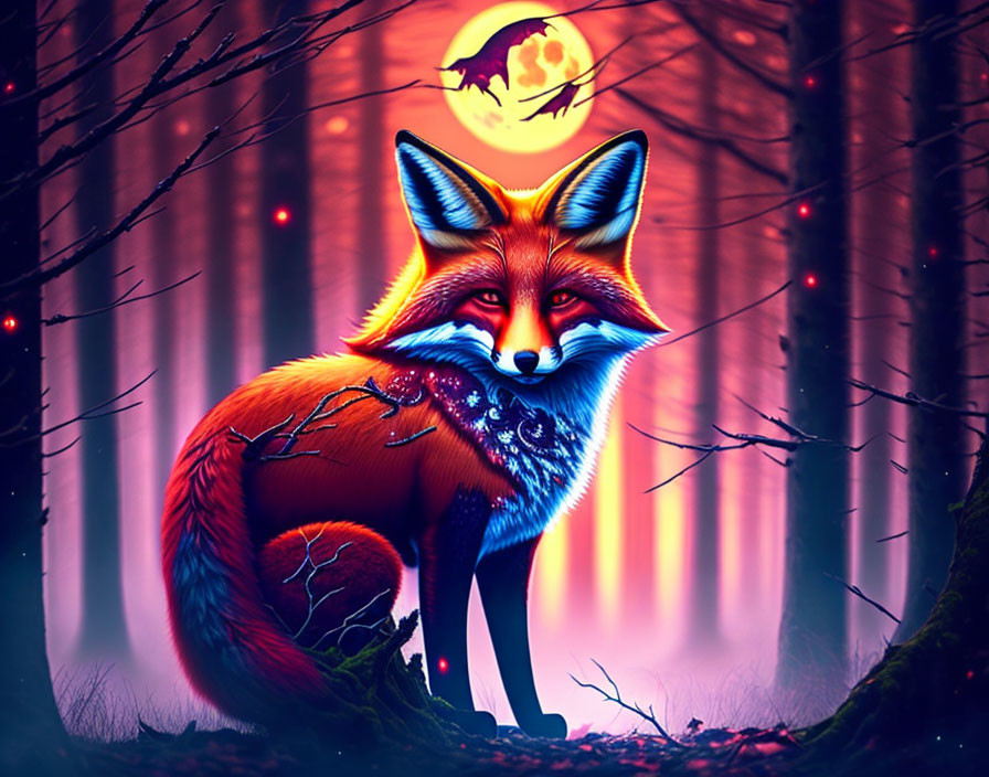 Colorful Fox in Mystical Forest with Full Moon and Flying Witch