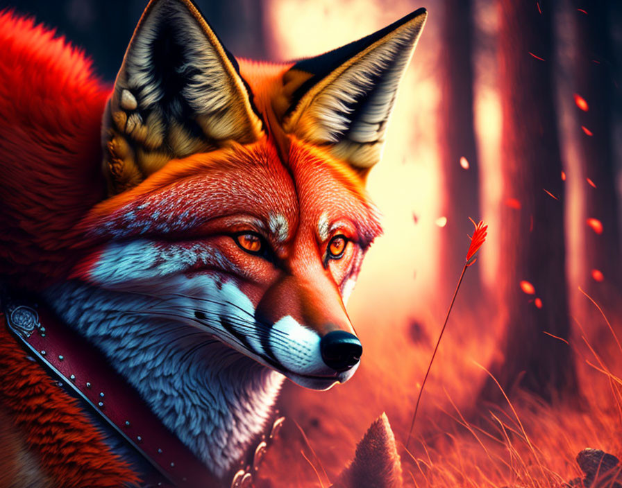 Detailed red fox illustration in mystical forest with glowing light and embers