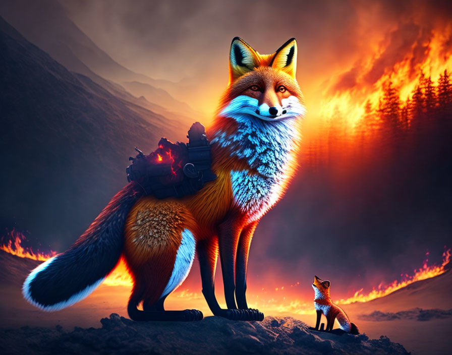 Digital art: Giant fox with glowing eyes, smaller fox, fiery forest, volcanic eruption.