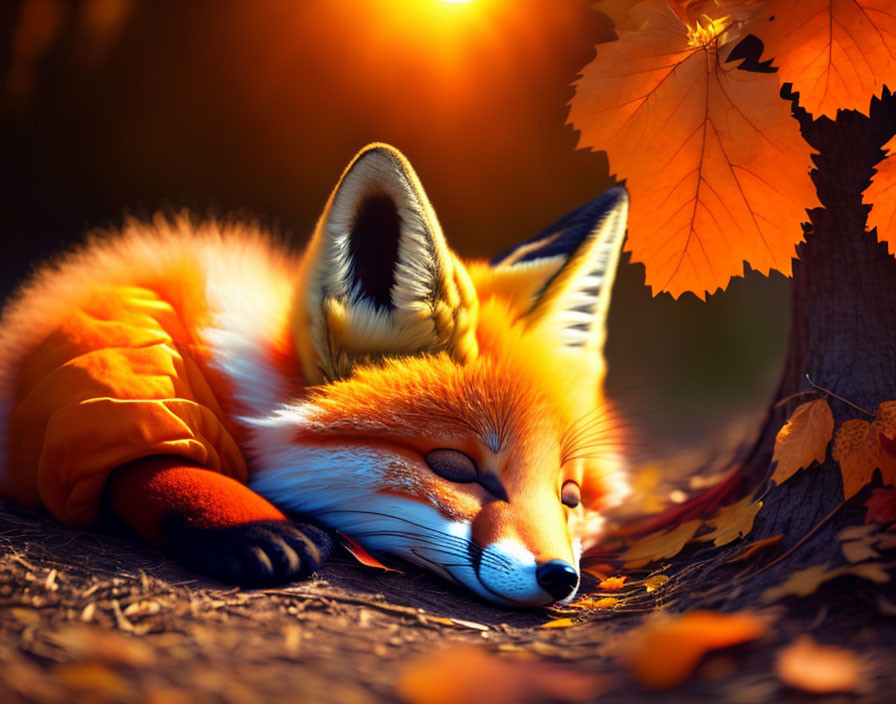 Red Fox Resting Among Vibrant Autumn Leaves in Soft Light