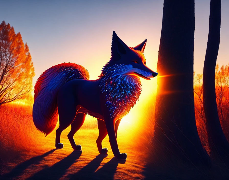 Vibrant fox illustration in sunset forest